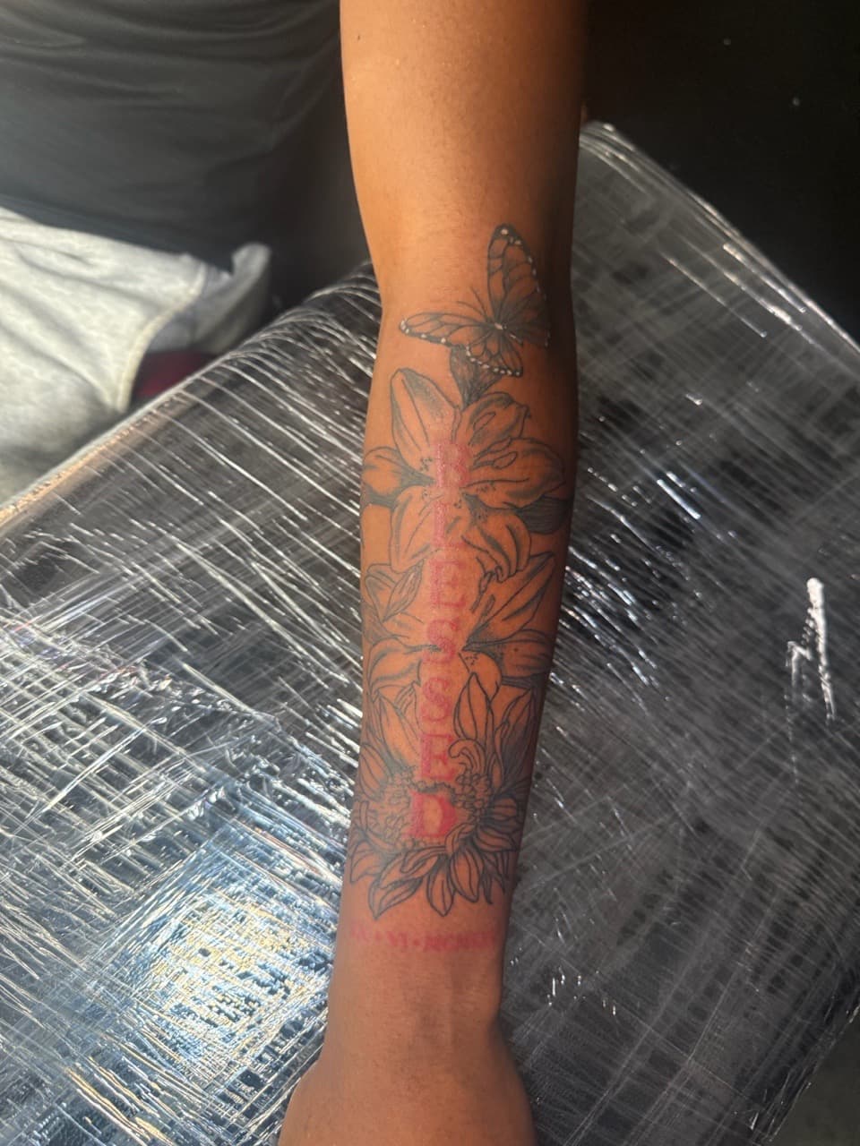 Floral + Line-work butterfly tattoo on Forearm by Edwaun_Randall on TattMe