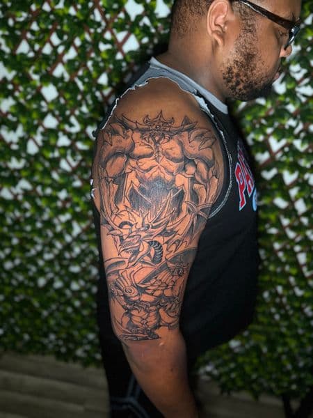 Black & Grey + Illustrative monsters tattoo on Full Sleeve by Edwaun_Randall on TattMe