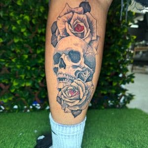 Black & Grey + Illustrative skull tattoo on Calf by Edwaun_Randall on TattMe