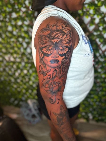 Black & Grey + Illustrative butterfly tattoo on Half Sleeve by Edwaun_Randall on TattMe