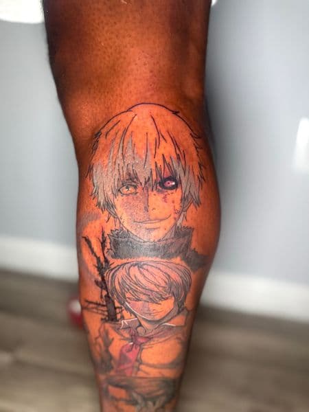 Anime + Black & Grey anime characters tattoo on Calf by Edwaun_Randall on TattMe