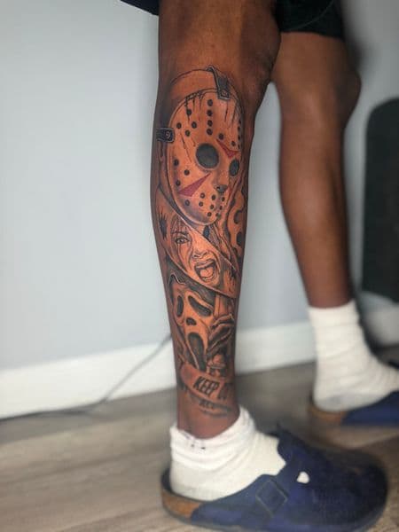 Black & Grey + Realism jason vorhees mask tattoo on Calf by Edwaun_Randall on TattMe