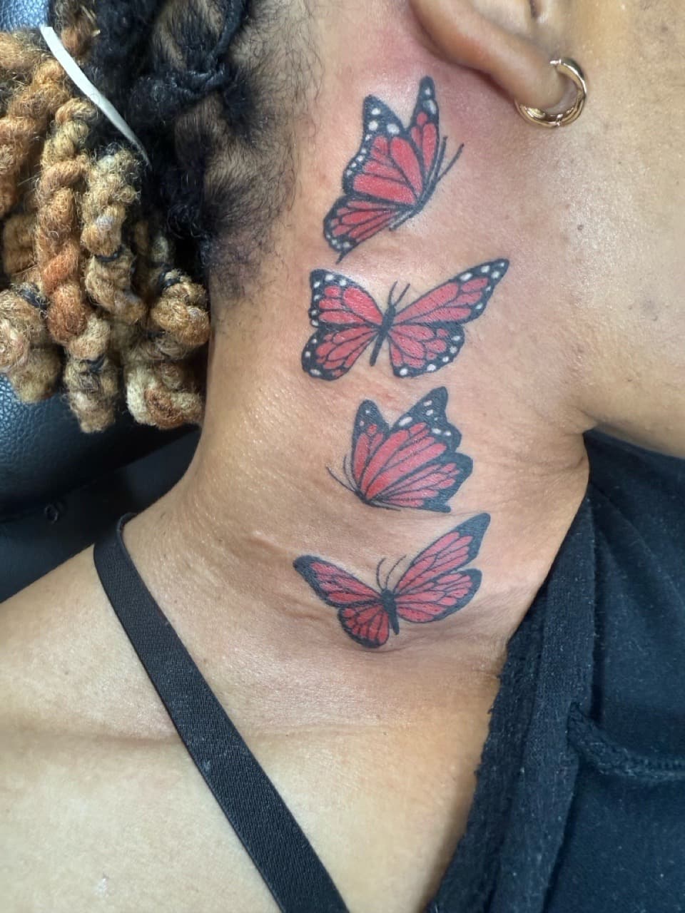 Color + Illustrative butterflies tattoo on Neck (Side) by Edwaun_Randall on TattMe