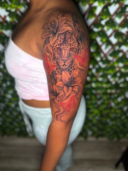 Black & Grey + Illustrative leopard tattoo on Full Sleeve by Edwaun_Randall on TattMe