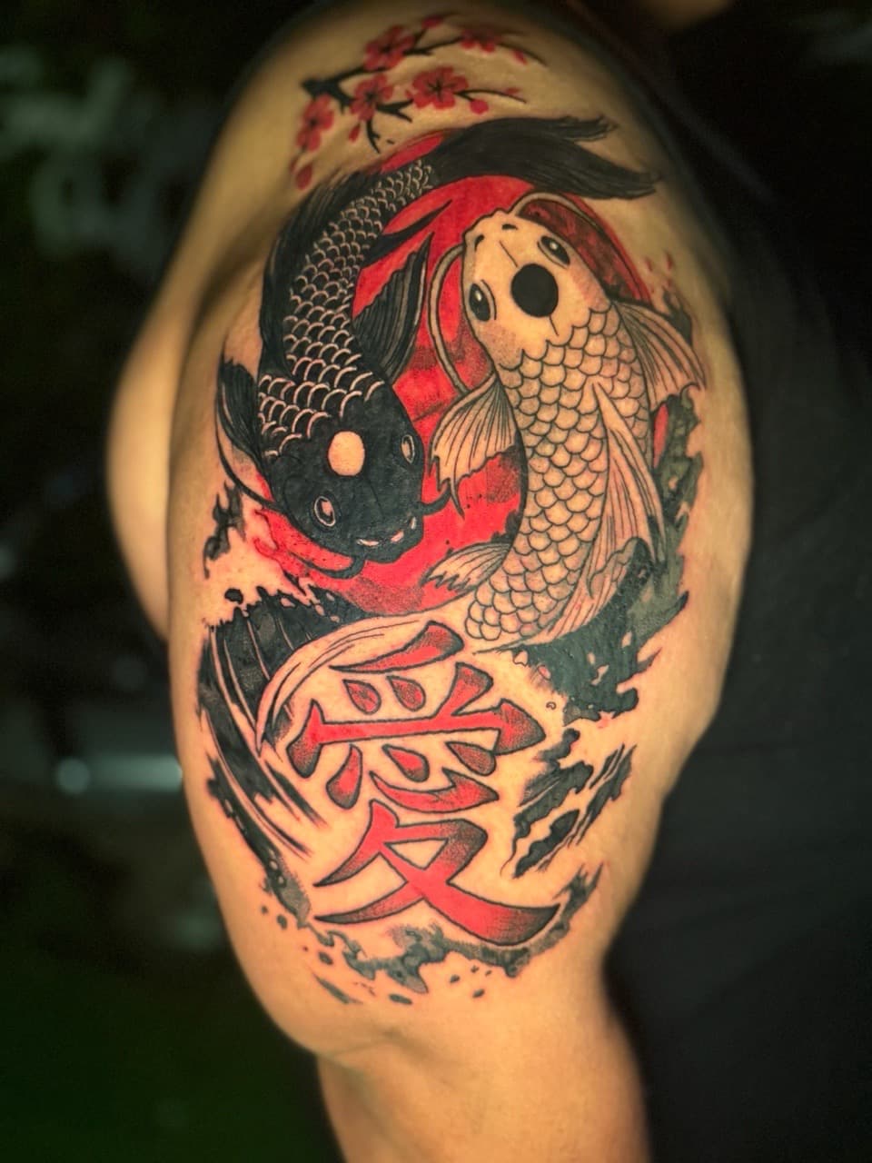 Japanese + Color koi fish tattoo on Upper Arm by Edwaun_Randall on TattMe