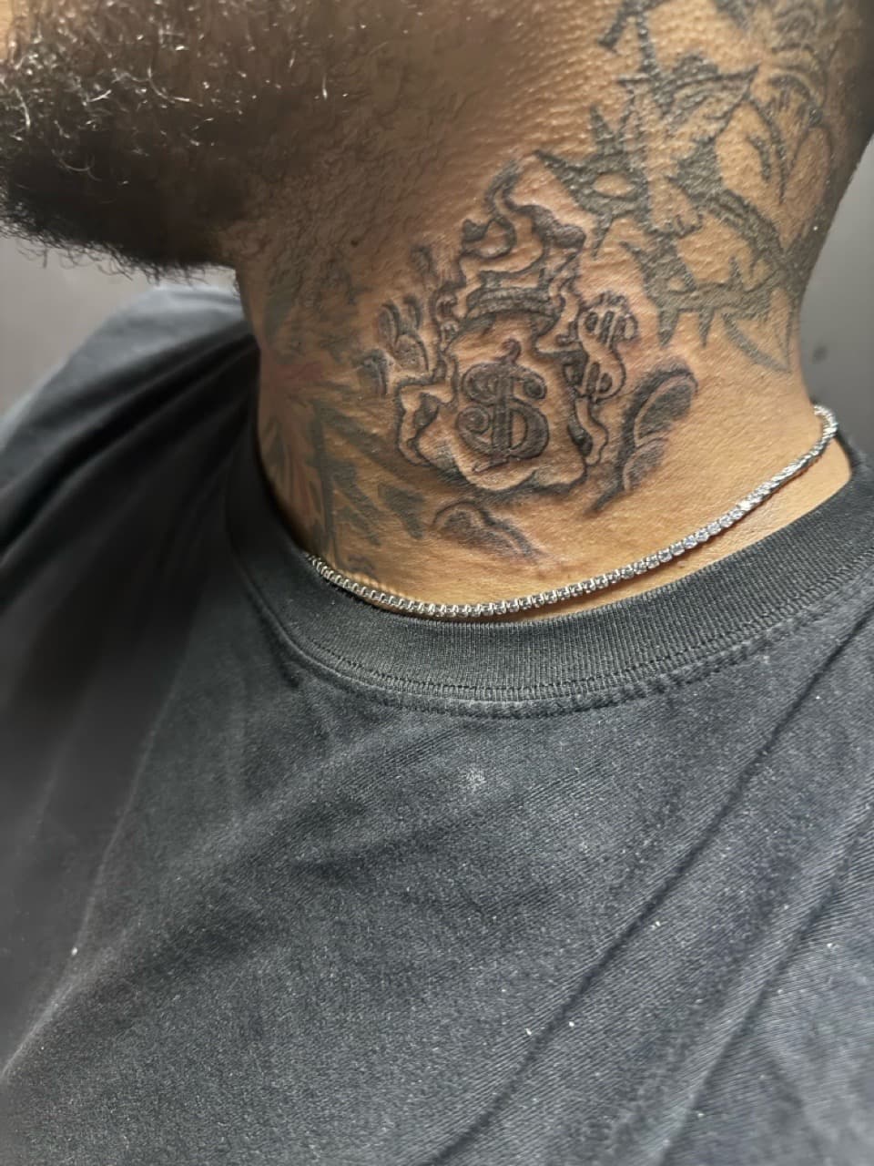 Black & Grey + Lettering money symbol tattoo on Neck (Side) by Edwaun_Randall on TattMe