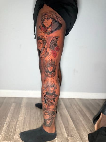 Anime + Black & Grey anime characters tattoo on Full Leg Sleeve by Edwaun_Randall on TattMe