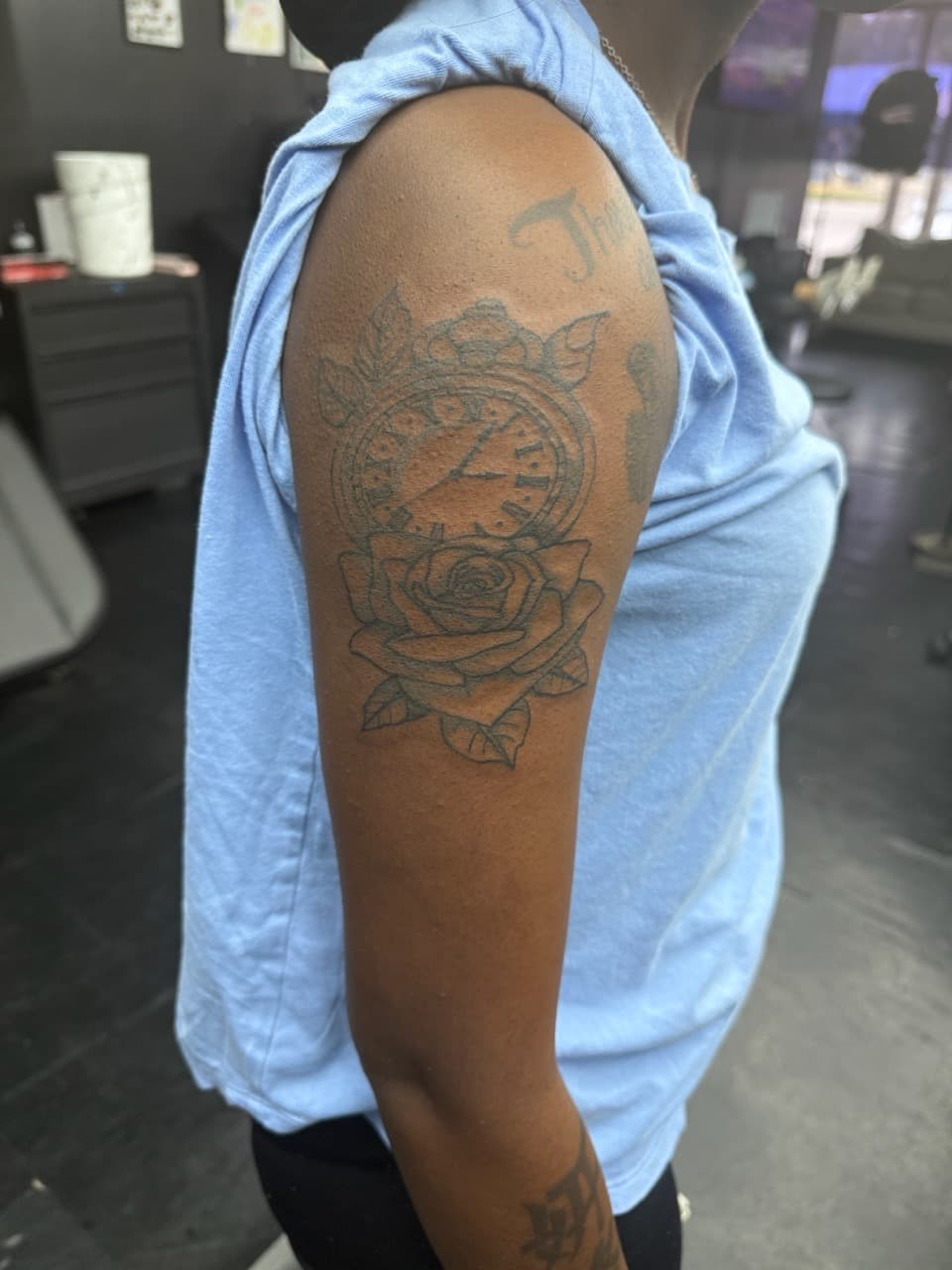 Line-work + Fine Line clock tattoo on Upper Arm by Edwaun_Randall on TattMe