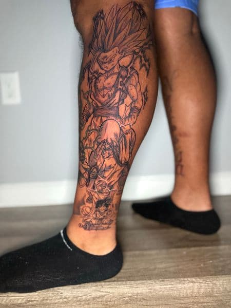 Line-work + Anime gohan tattoo on Full Leg Sleeve by Edwaun_Randall on TattMe