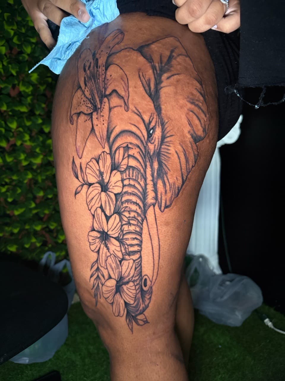 Illustrative + Floral elephant tattoo on Thigh by Edwaun_Randall on TattMe