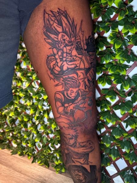 Anime + Black & Grey anime tattoo on Full Leg Sleeve by Edwaun_Randall on TattMe