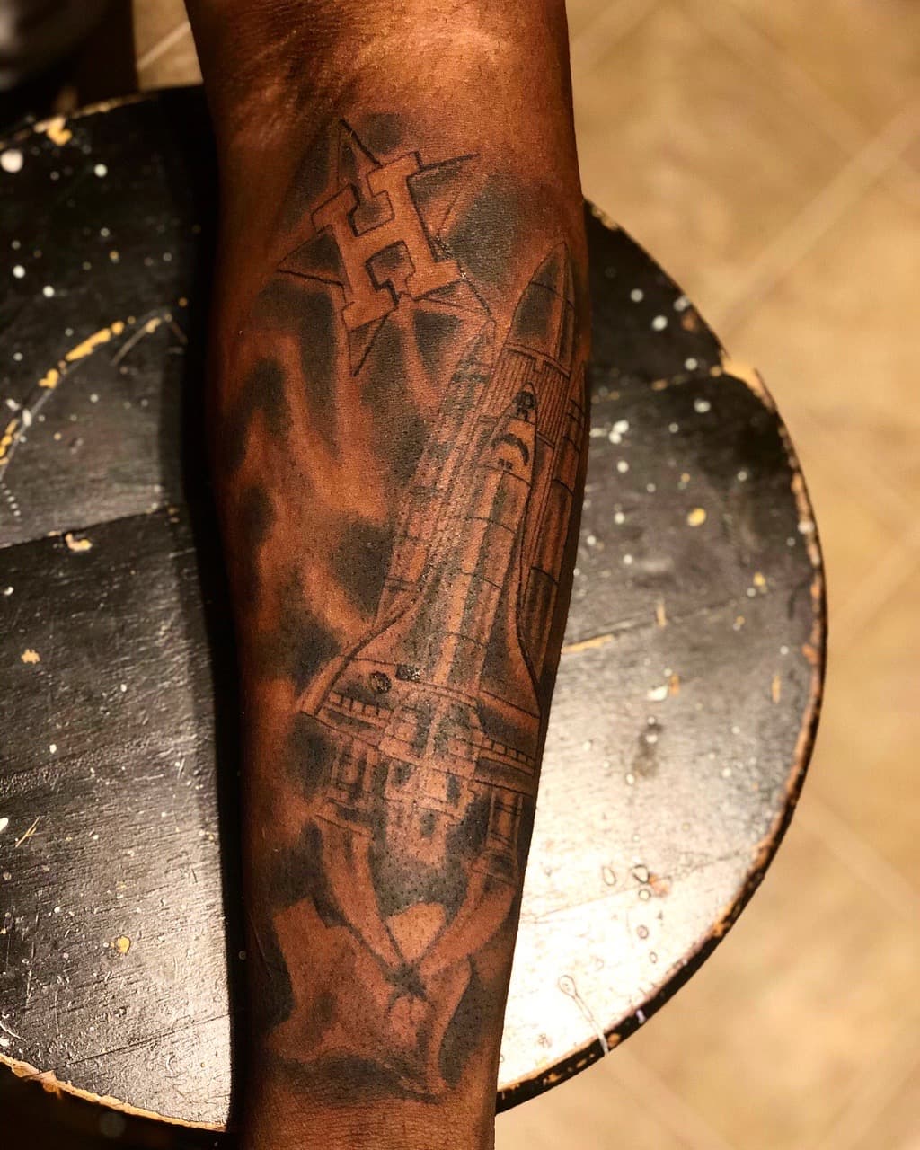 Black & Grey + Illustrative space shuttle tattoo on Forearm by Mafia_Ink on TattMe