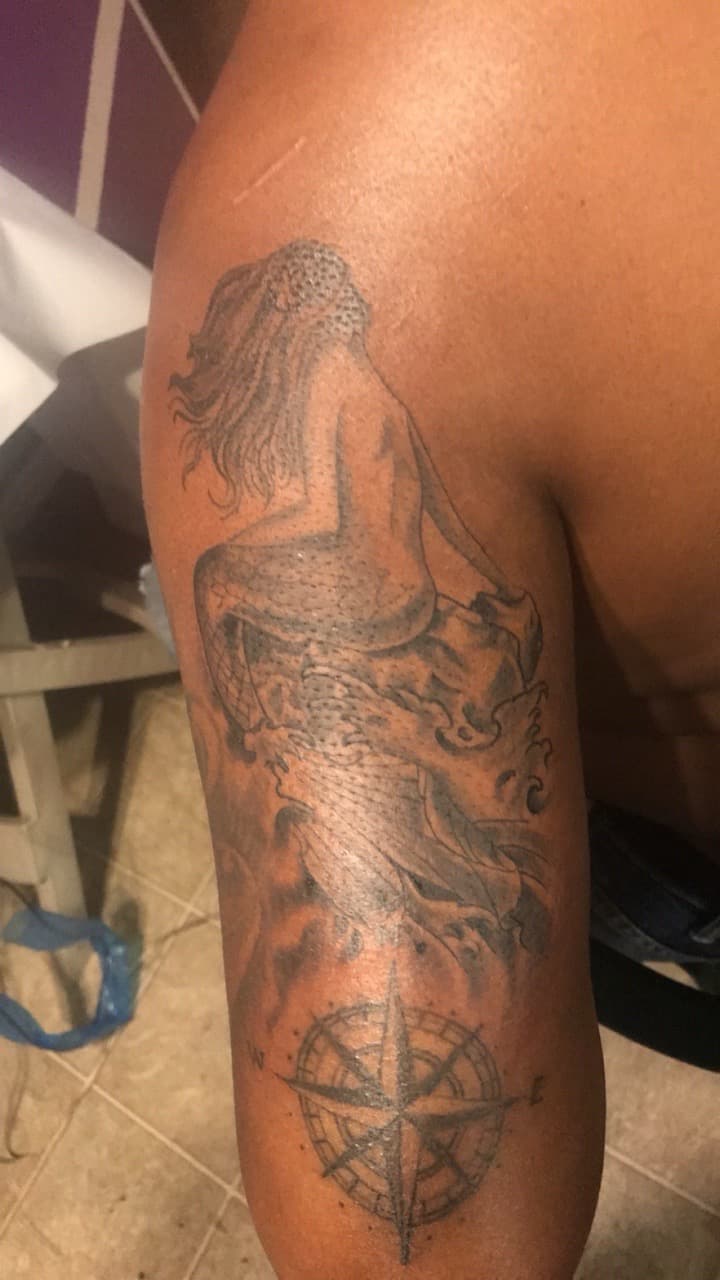 Black & Grey + Illustrative mermaid tattoo on Half Sleeve by Mafia_Ink on TattMe