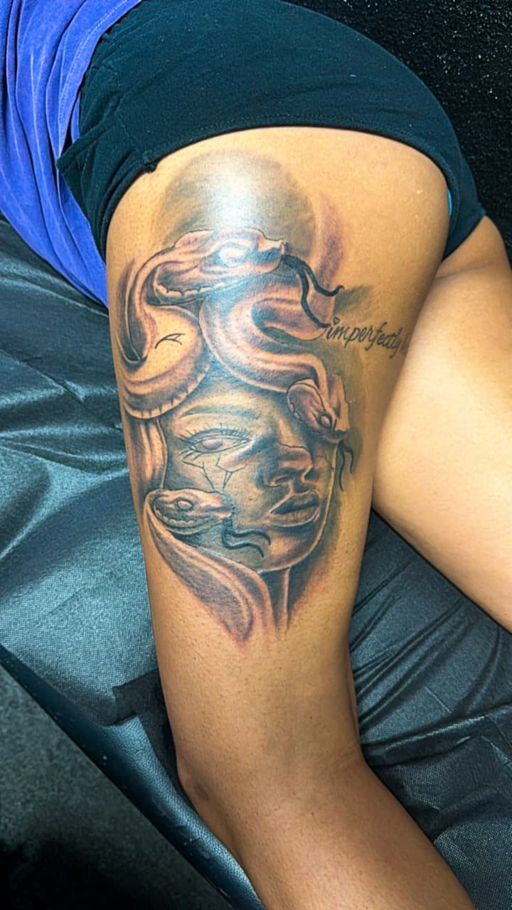 Black & Grey + Realism medusa tattoo on Thigh by Mafia_Ink on TattMe