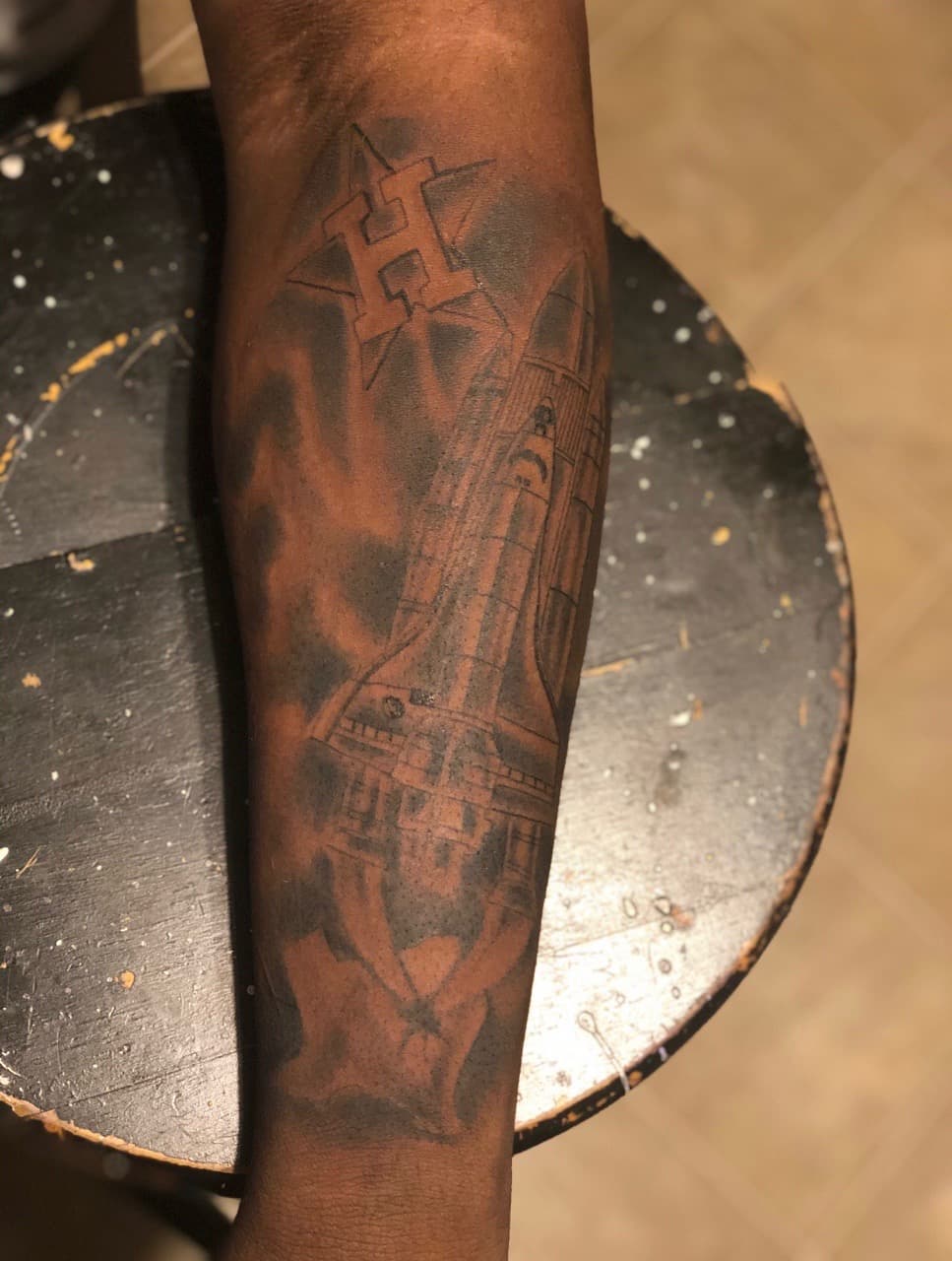 Black & Grey + Illustrative space shuttle tattoo on Forearm by Mafia_Ink on TattMe