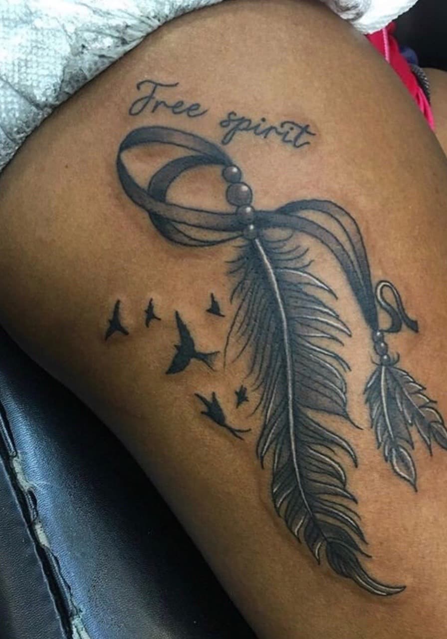 Black & Grey + Illustrative feathers tattoo on Thigh by Mafia_Ink on TattMe