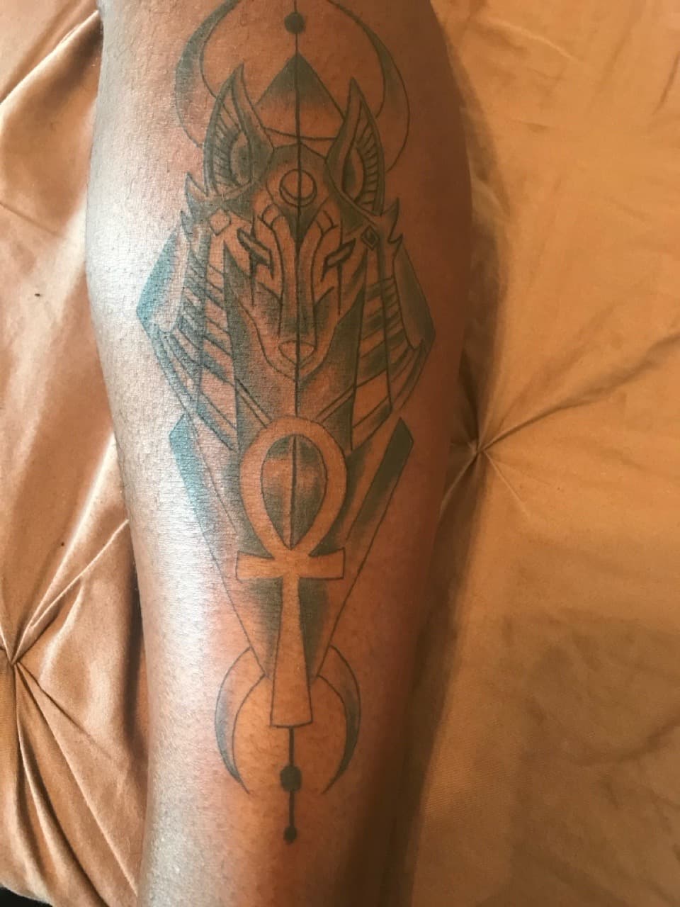 Black & Grey + Geometric anubis tattoo on Calf by Mafia_Ink on TattMe