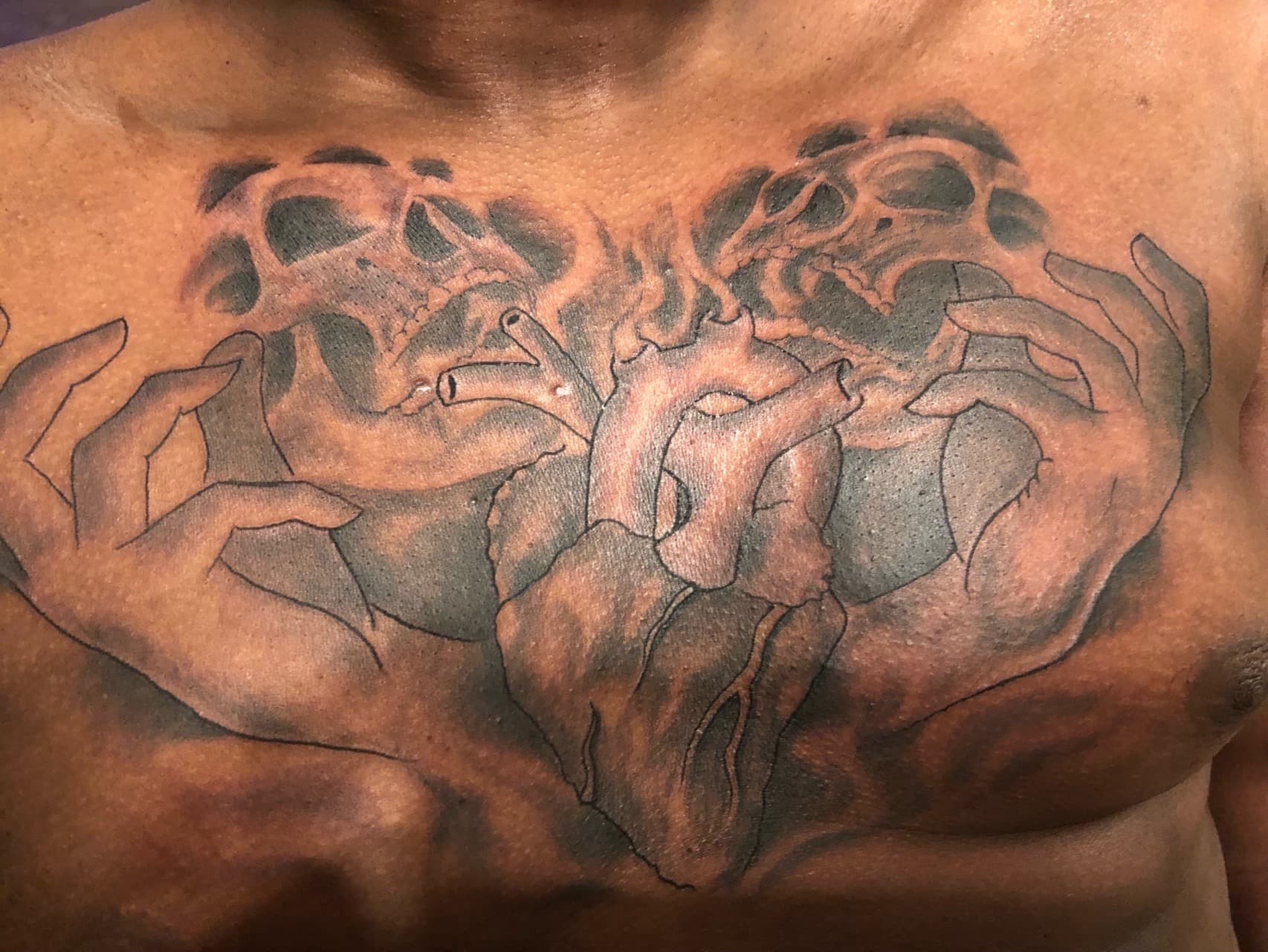 Black & Grey + Illustrative anatomical heart tattoo on Chest by Mafia_Ink on TattMe