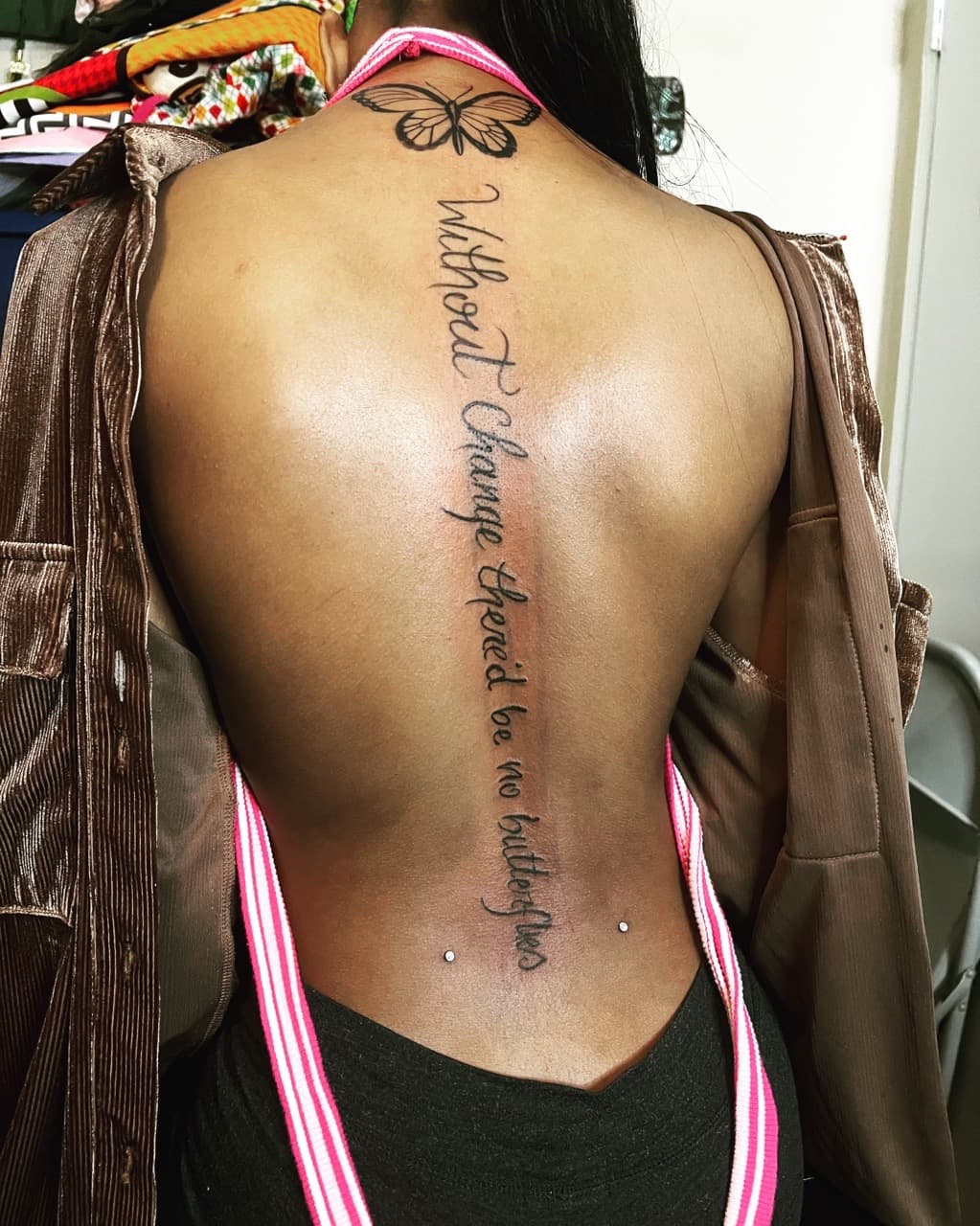 Lettering + Fine Line butterfly tattoo on Spine by Mafia_Ink on TattMe