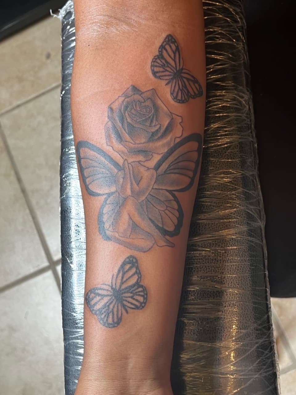 Black & Grey + Illustrative fairy tattoo on Forearm by Mafia_Ink on TattMe