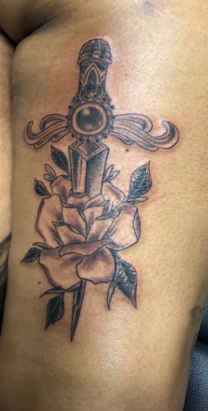 Black & Grey + Illustrative sword tattoo on Thigh by Mafia_Ink on TattMe