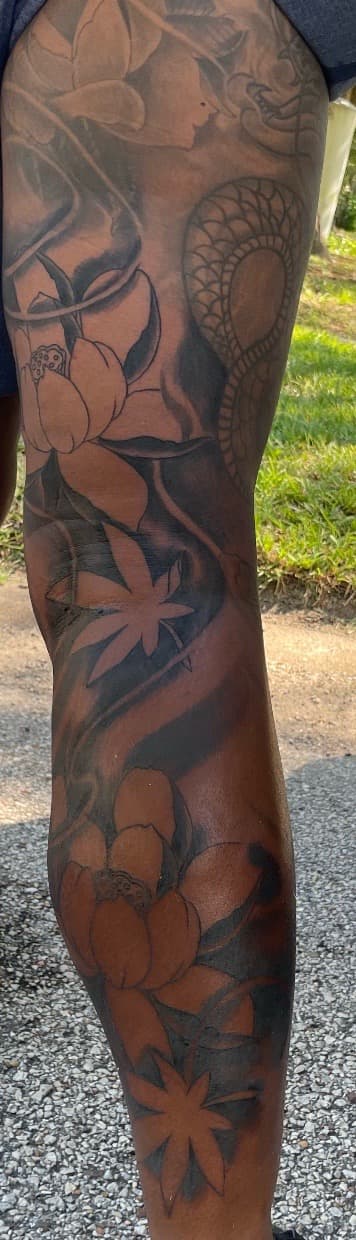 Japanese + Black & Grey lotus tattoo on Calf by Mafia_Ink on TattMe
