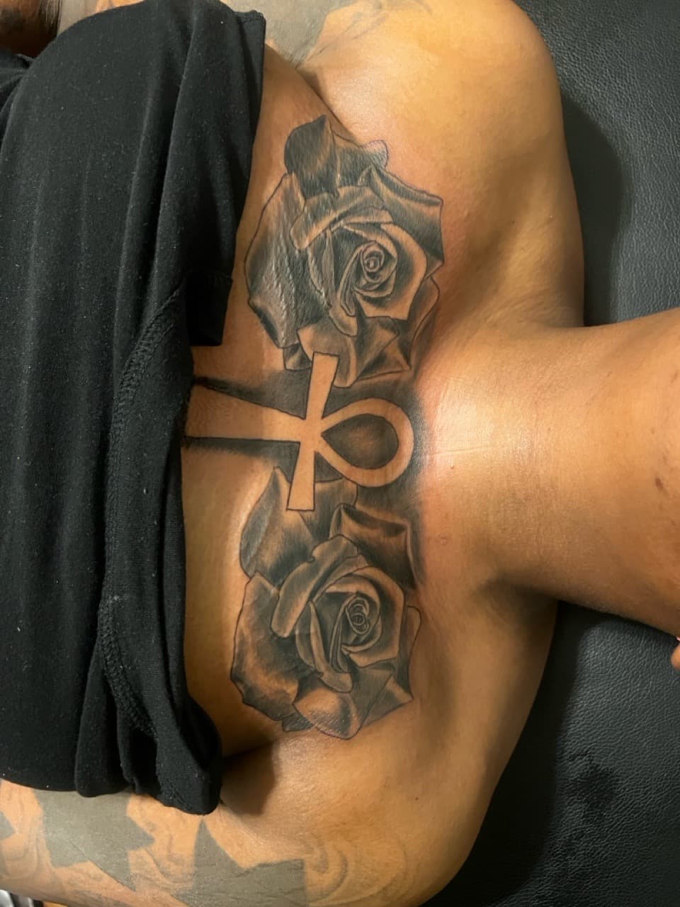 Black & Grey + Floral ankh tattoo on Sternum by Mafia_Ink on TattMe