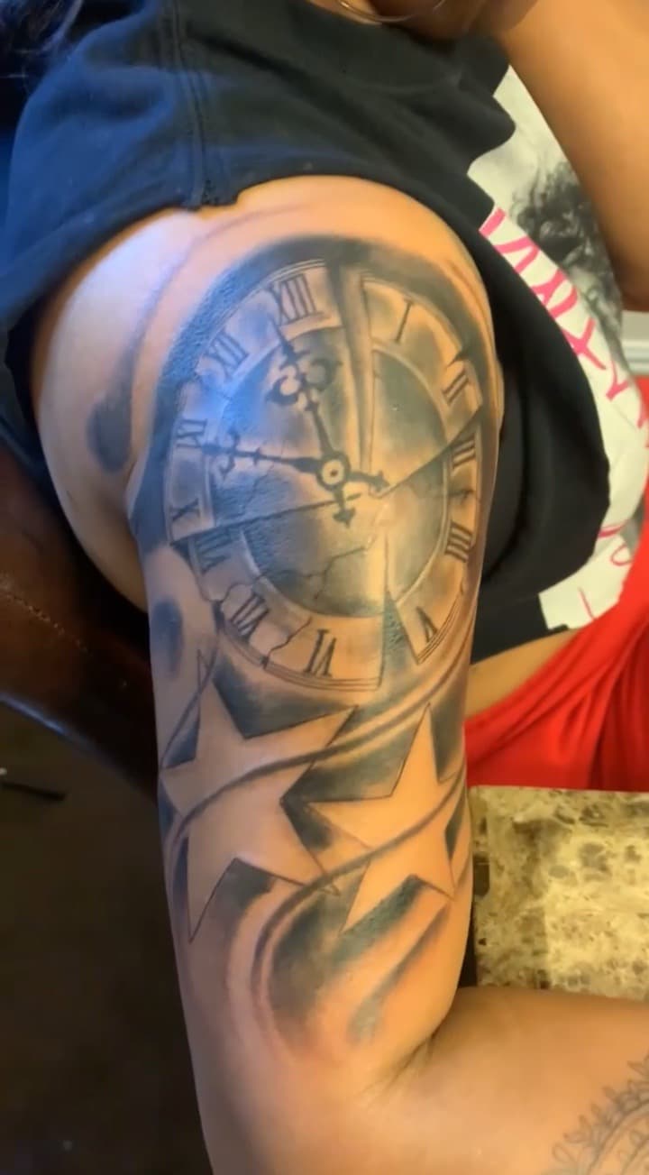 Black & Grey + Illustrative clock tattoo on Upper Arm by Mafia_Ink on TattMe