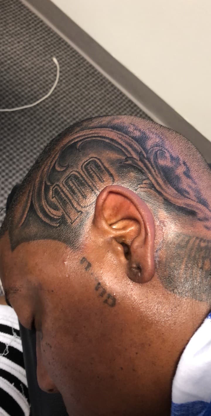 Black & Grey + Chicano numbers tattoo on Scalp by Mafia_Ink on TattMe