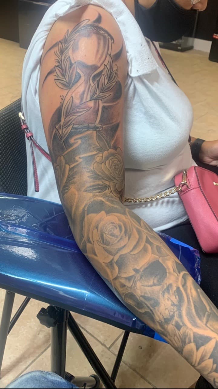 Black & Grey + Illustrative hourglass tattoo on Full Sleeve by Mafia_Ink on TattMe