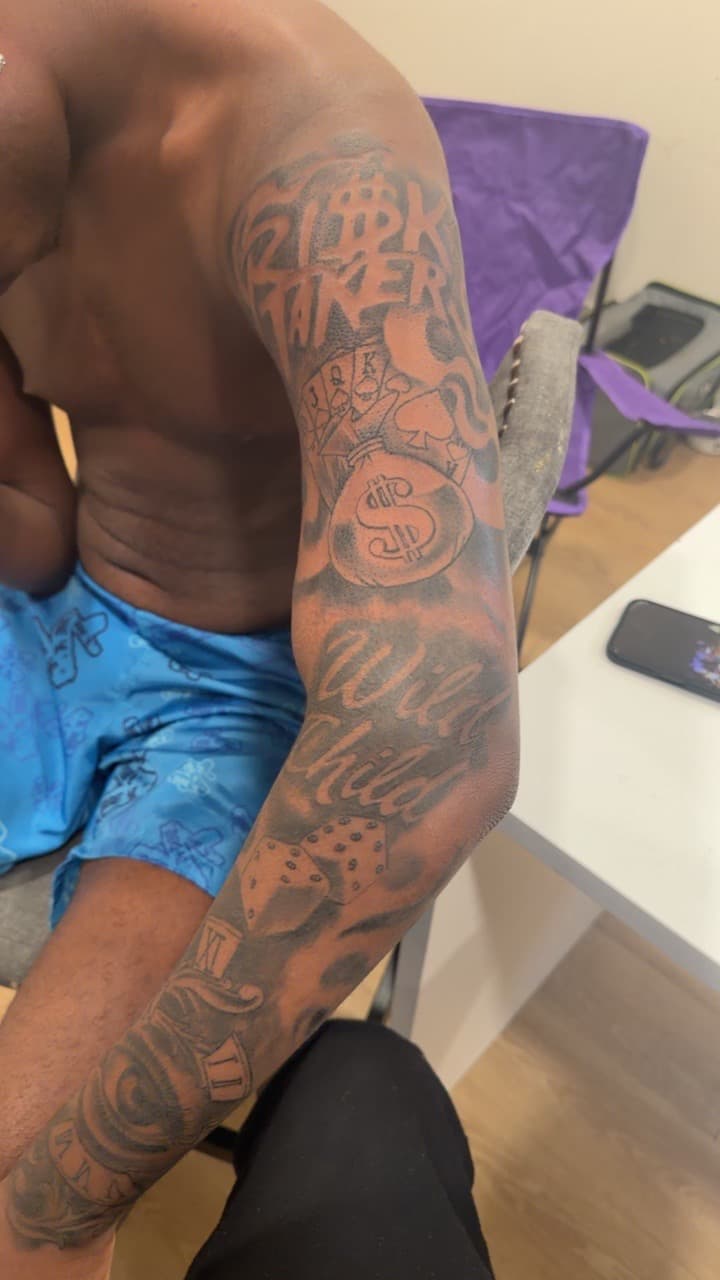 Black & Grey + Lettering playing cards tattoo on Full Sleeve by Mafia_Ink on TattMe