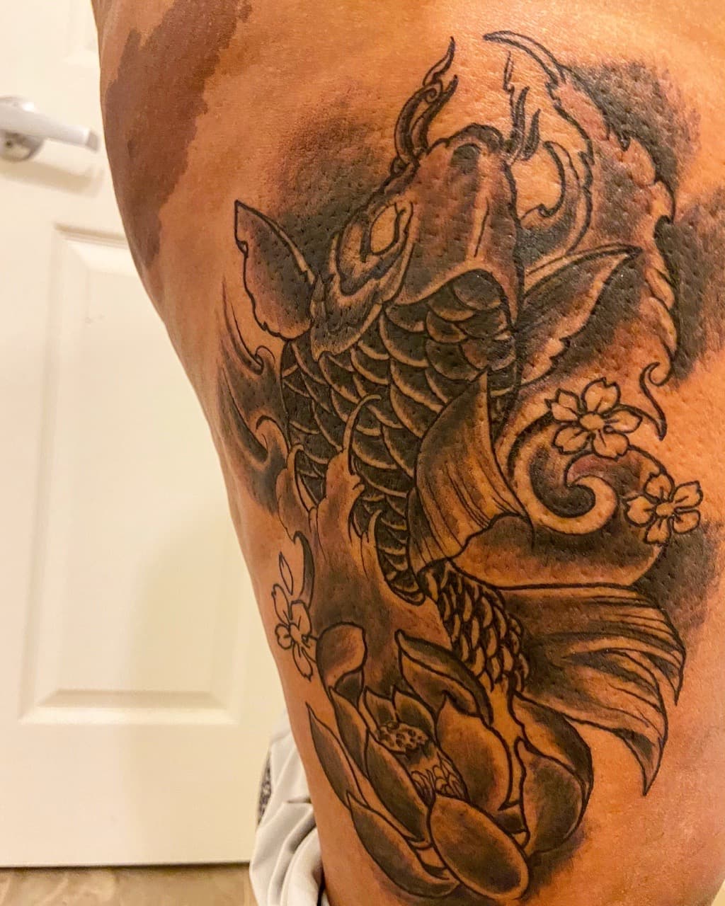 Japanese + Black & Grey koi fish tattoo on Thigh by Mafia_Ink on TattMe