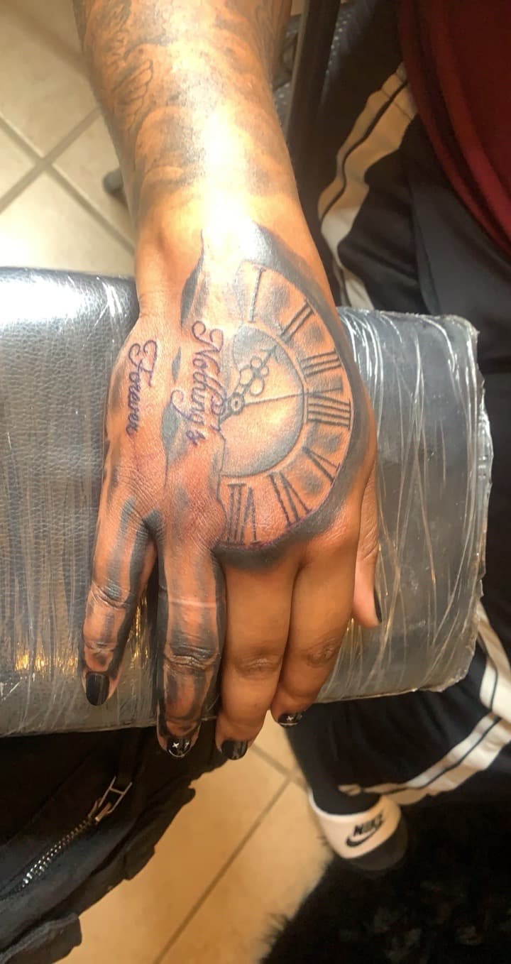 Black & Grey + Lettering clock tattoo on Hand by Mafia_Ink on TattMe