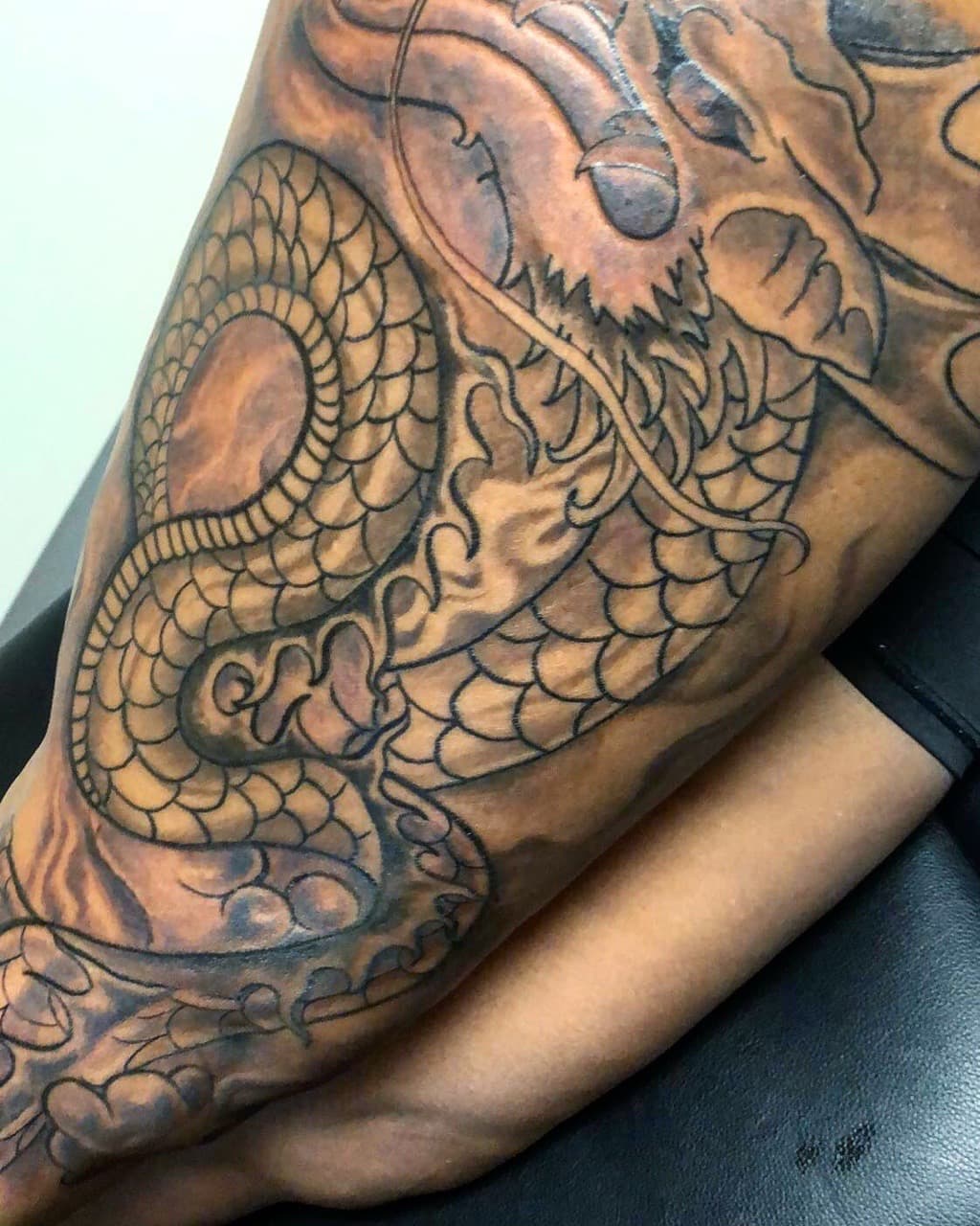 Japanese + Black & Grey dragon tattoo on Upper Arm by Mafia_Ink on TattMe