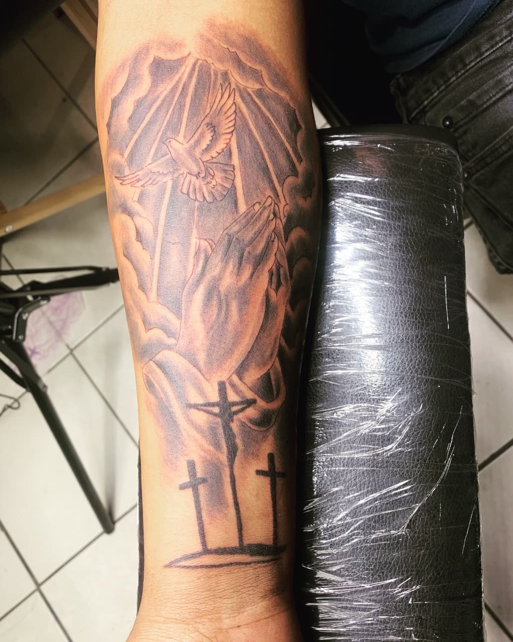 Black & Grey + Religious praying hands tattoo on Forearm by Mafia_Ink on TattMe