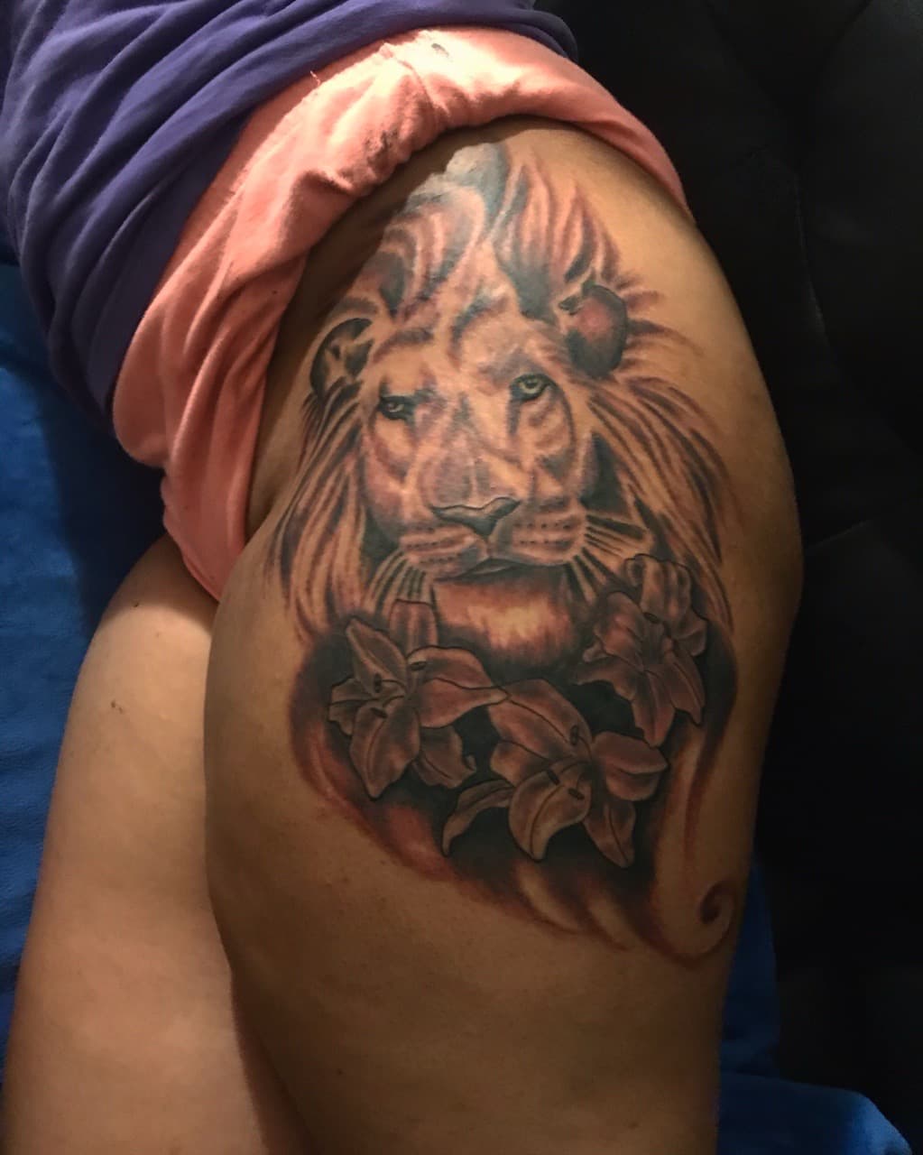 Black & Grey + Realism lion tattoo on Thigh by Mafia_Ink on TattMe
