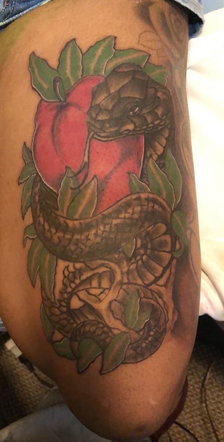 Illustrative + Color snake tattoo on Thigh by Mafia_Ink on TattMe