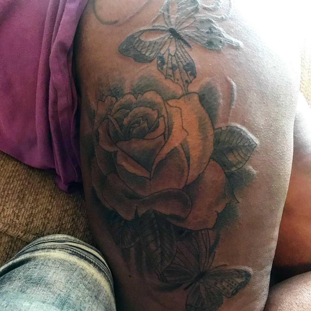 Floral + Black & Grey rose tattoo on Thigh by Mafia_Ink on TattMe