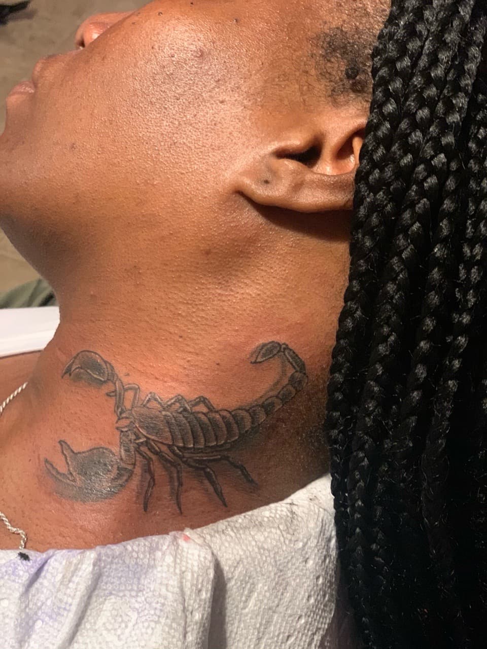 Black & Grey + Illustrative scorpion tattoo on Neck (Front) by Mafia_Ink on TattMe