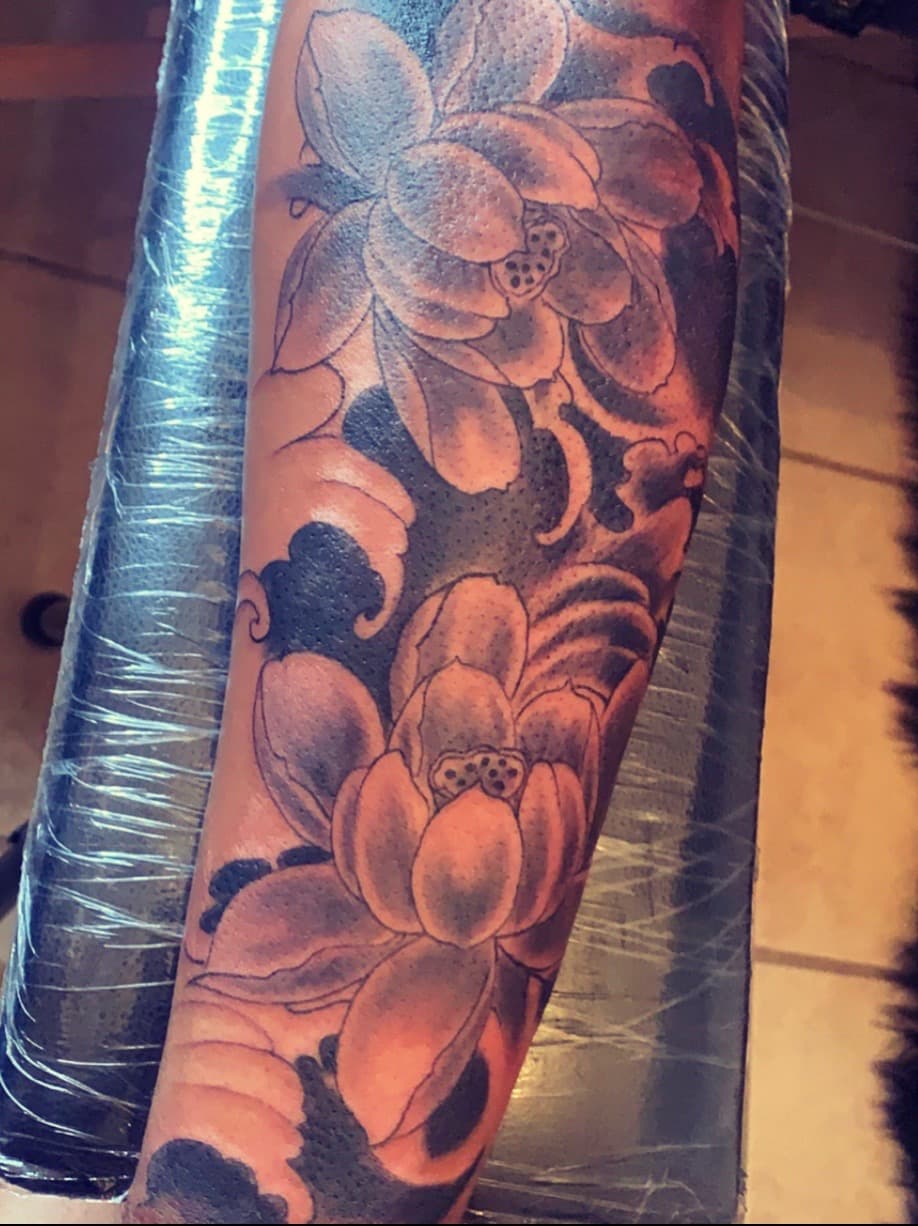 Japanese + Black & Grey lotus tattoo on Forearm by Mafia_Ink on TattMe