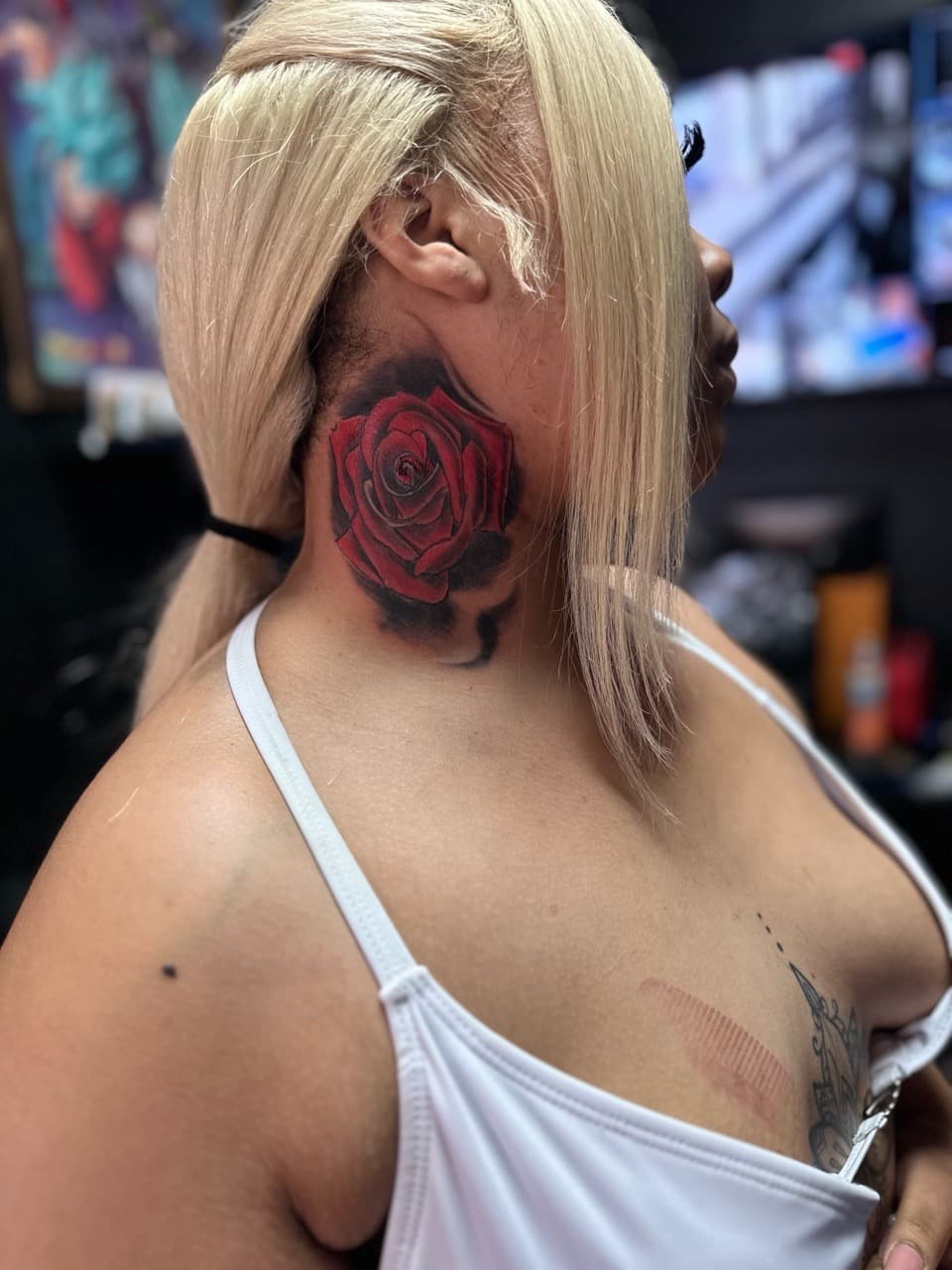 Floral + Color rose tattoo on Neck (Side) by Mafia_Ink on TattMe