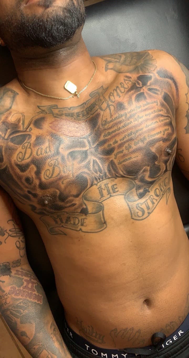 Black & Grey + Lettering skull tattoo on Chest by Mafia_Ink on TattMe
