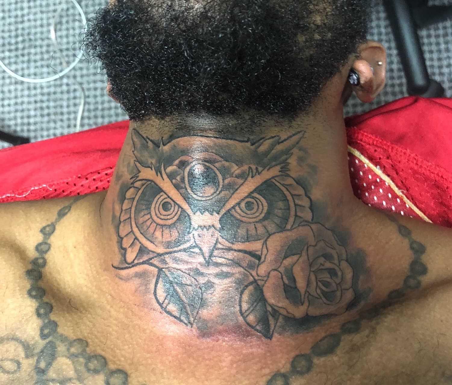 Black & Grey + Illustrative owl tattoo on Neck (Back) by Mafia_Ink on TattMe