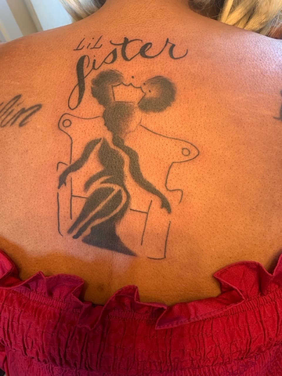 Black-work + Script woman tattoo on Upper Back by Mafia_Ink on TattMe