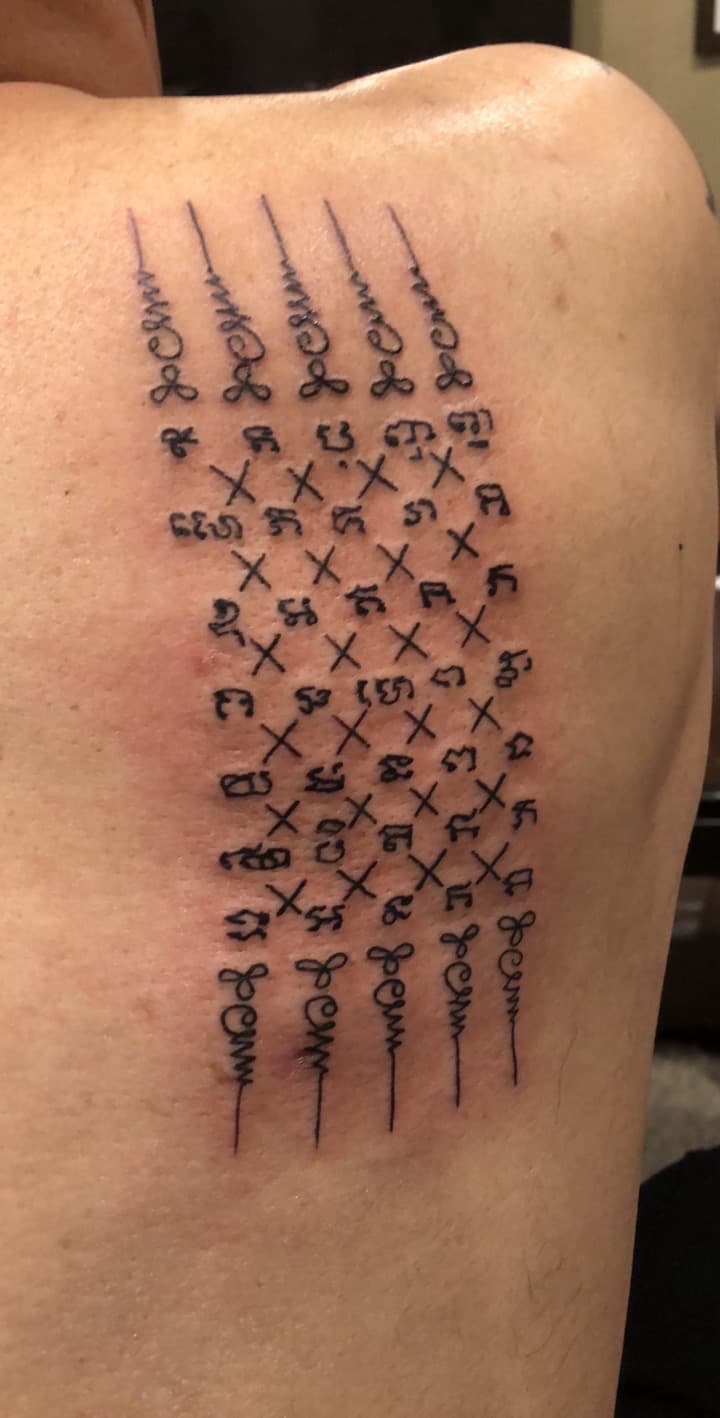 Script + Symbolic symbols tattoo on Shoulder Blade by Mafia_Ink on TattMe