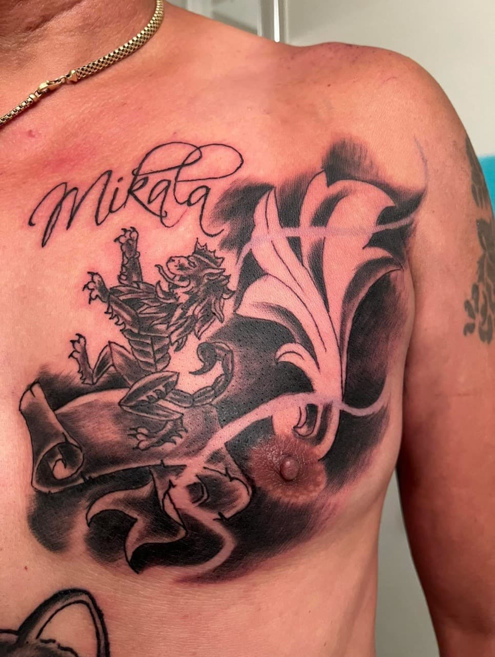 Black & Grey + Lettering mythical creature tattoo on Chest by Mafia_Ink on TattMe