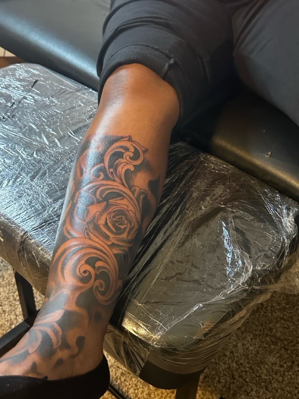 Black & Grey + Floral rose tattoo on Calf by Mafia_Ink on TattMe