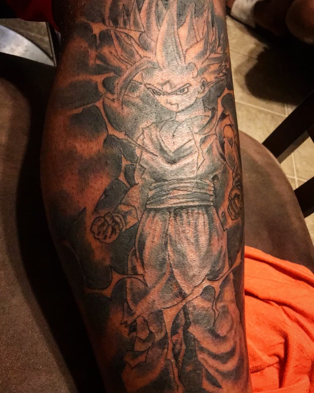 Black & Grey + Anime goku tattoo on Calf by Mafia_Ink on TattMe