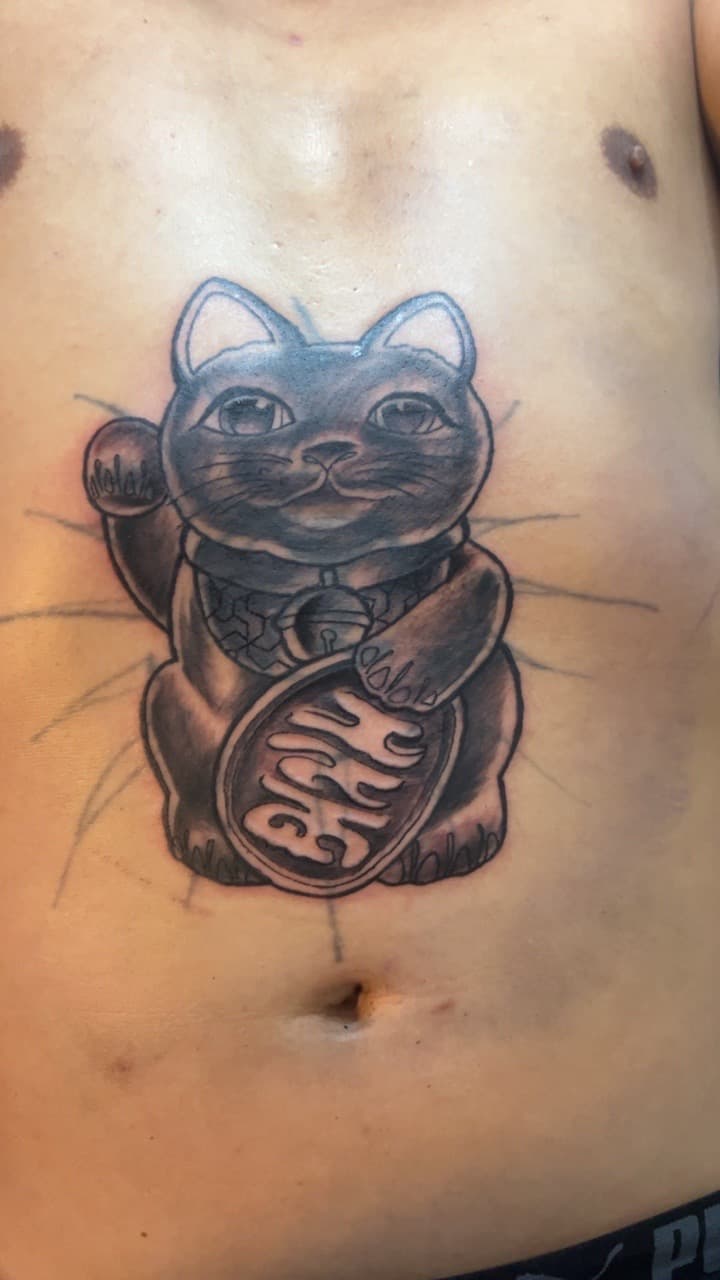 Black & Grey + Japanese maneki-neko tattoo on Stomach by Mafia_Ink on TattMe