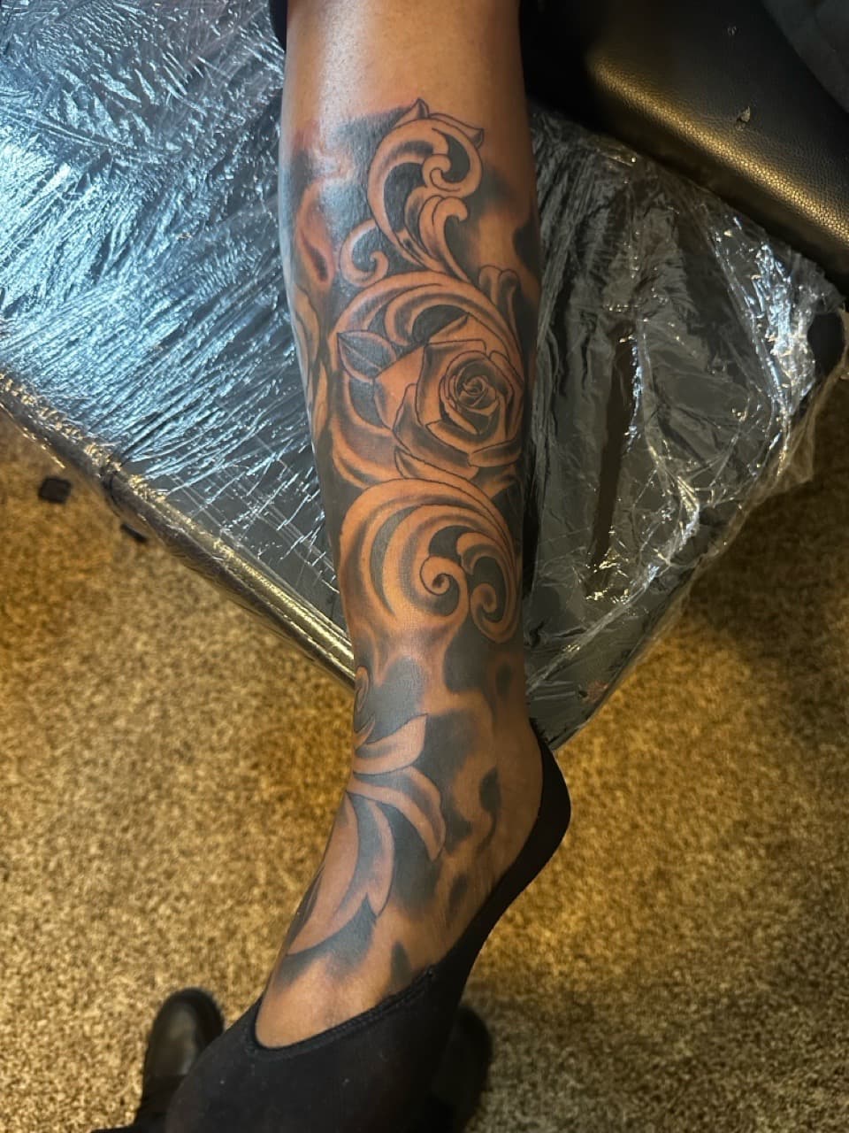 Black & Grey + Illustrative rose tattoo on Calf by Mafia_Ink on TattMe